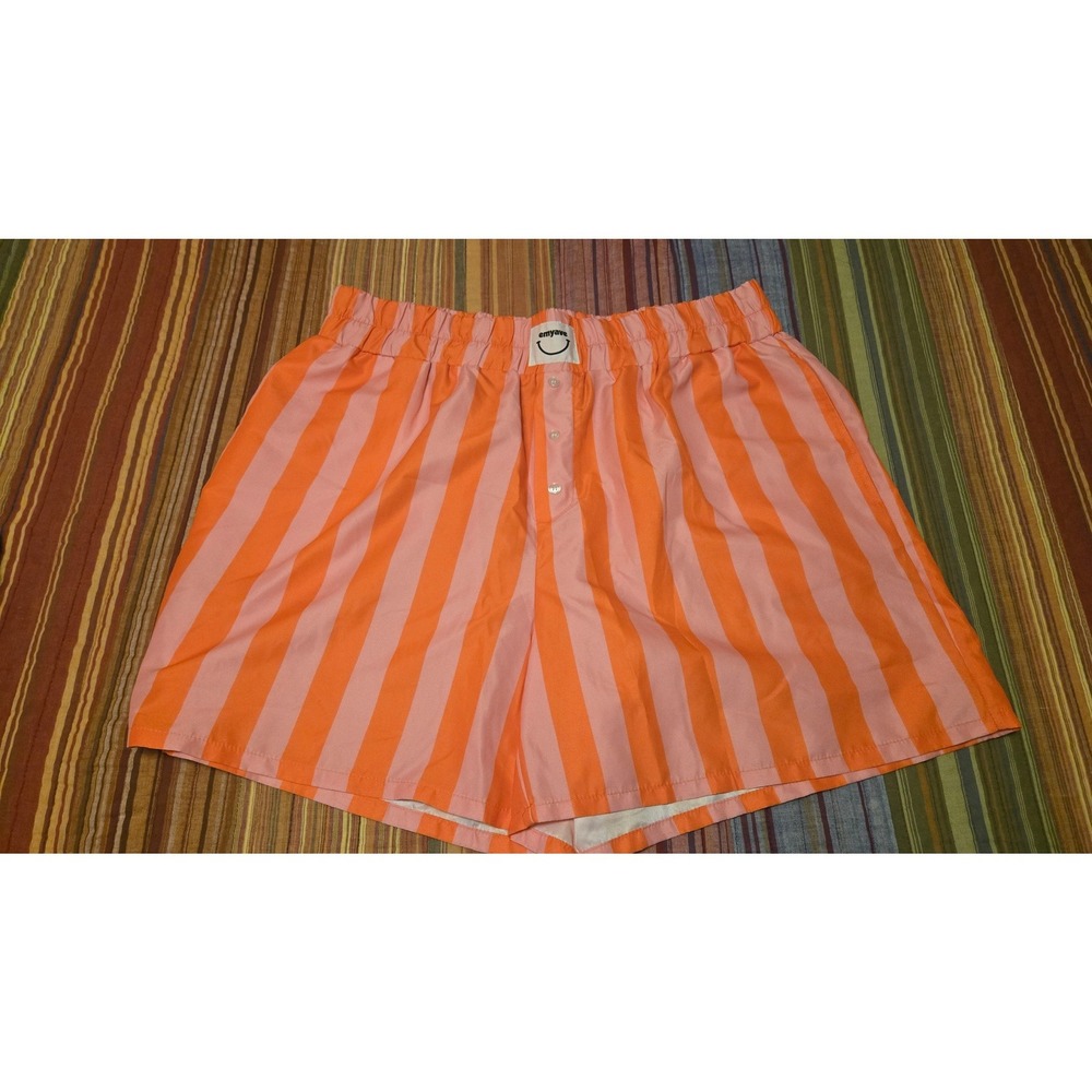 Emyave Orange Pink Striped Lounge Shorts Elastic Waist Smiley Patch L/XL